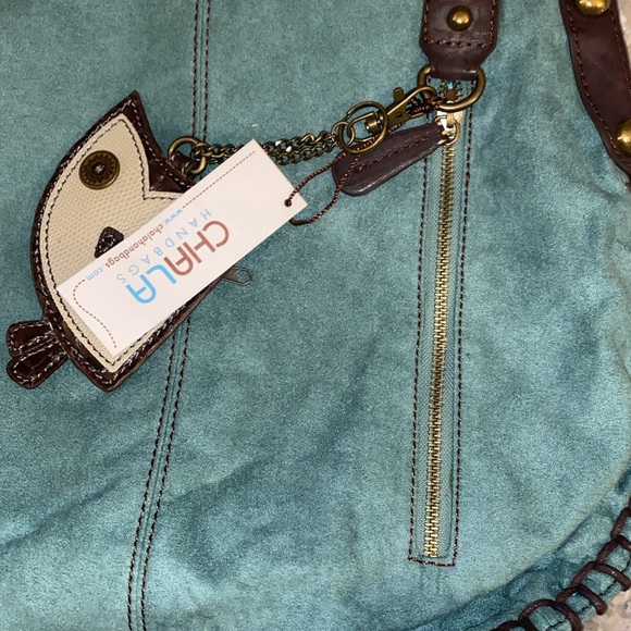 Chala Handbag Owl Charm Design Teal Vegan Leather Suede Shoulder Bag NWOT - Picture 2 of 5